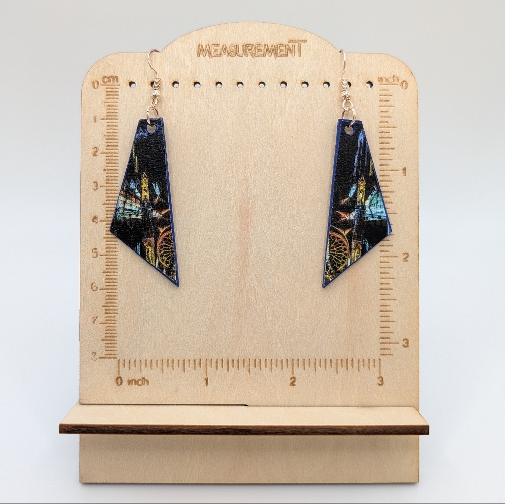 Notre Dame Cathedral, Night - Handmade Earrings - Magazine Decoupage on Wood - Picture 2 of 6